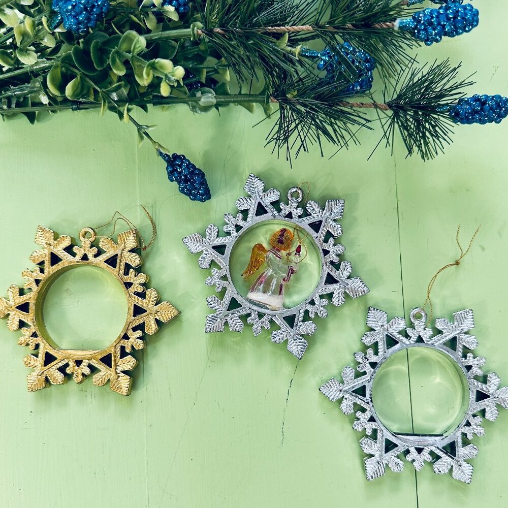 Vintage MCM Snowflake Frame Ornaments Angel Lucite Gold Silver Set 3